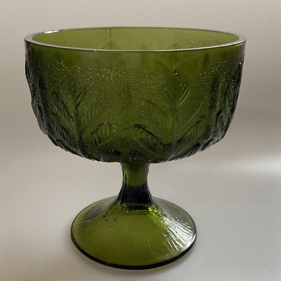 VINTAGE 1978 FTD EMBOSSED OAK LEAF GREEN GLASS CHALICE - Picture 1 of 8